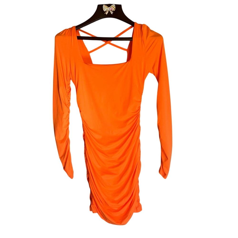 NWOT Neon Orange Long Sleeve Ruched Bodycon Mini Dress Criss Cross Back Small